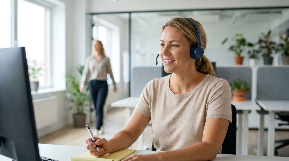 A friendly customer service advisor wearing a headset taking notes at a desk