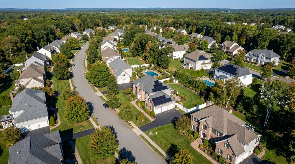 Aerial view of an American suburban neighbourhood with solar arrays on several of the roofs