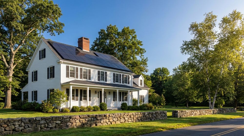 A white clapboard New England colonial in Connecticut with an all-black solar array