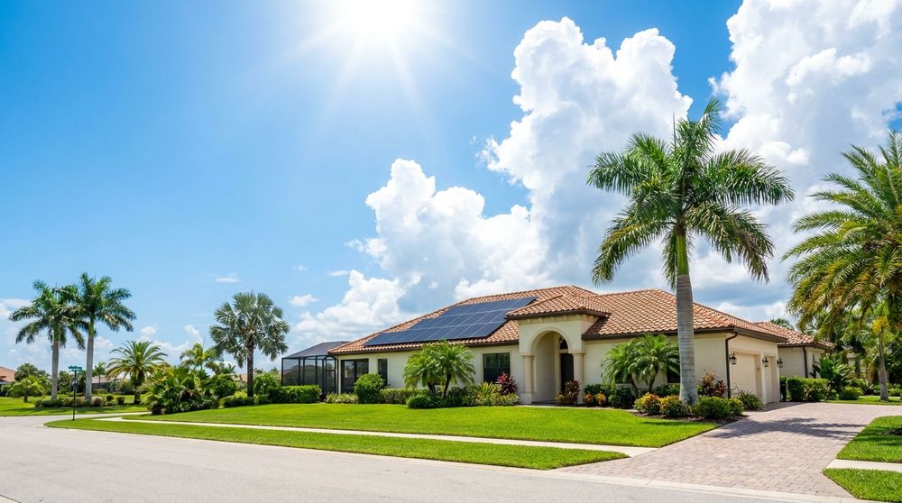 A single-storey Southwest Florida home with a tile roof, palm trees and solar panels