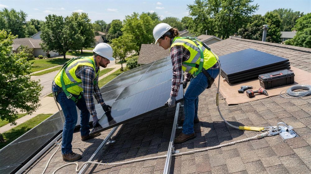 Two solar installers wearing hard hats, hi-vis vests and safety harnesses fitting an all-black solar panel to an American asphalt shingle roof