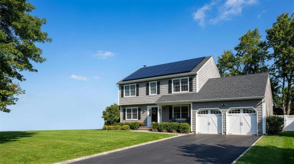 A two-storey colonial home on Long Island, New York, with an all-black solar array on the roof