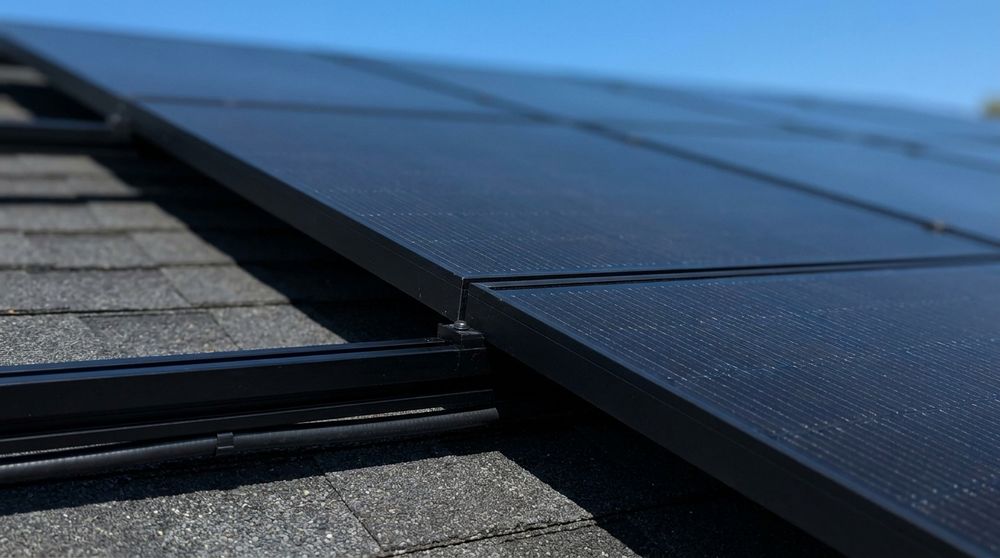 Close detail of all-black monocrystalline solar panels and aluminium mounting rails